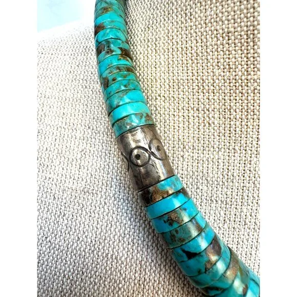 Vintage Native American Kewa Necklace Handmade Heishi Turquoise & Silver Beads - Picture 9 of 13